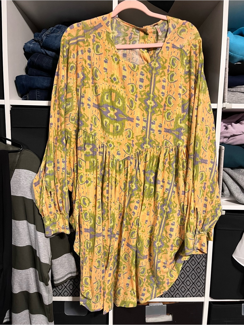 Free People Mustard Tunic with Olive and Lavender Print